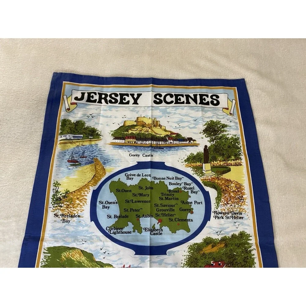 VTG 70s Jersey Scenes Souvenir Tea Towel Map Art by Clive Mayor Wilco All Cotton